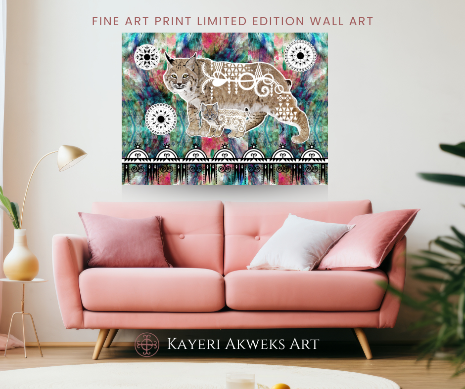 Pink sofa with a colorful wall art featuring a bobcat mother and kitten with Woodlands geometric designs, branded 'Kayeri Akweks Art'.