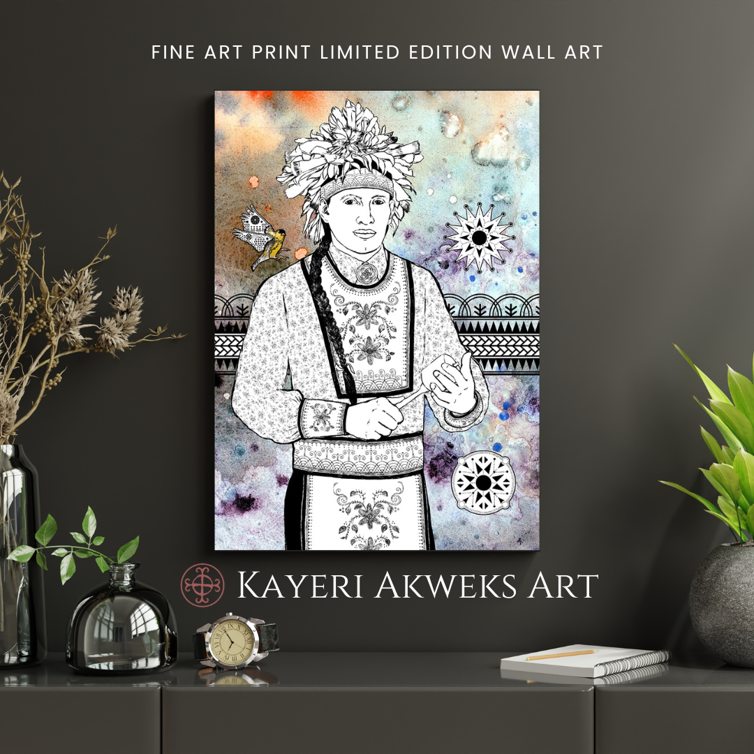Limited edition print of a Haudenosaunee young man singer portrait drawing on a watercolor background, featuring the artist's name 'Kayeri Akweks Art'.