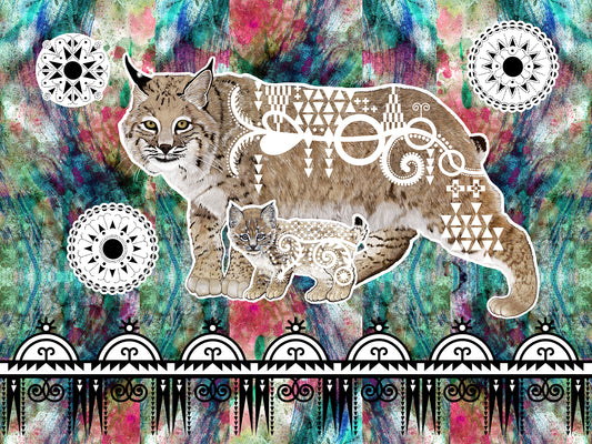 Artistic depiction of a bobcat mother and kitten with Woodlands geometric patterns on a colorful abstract background.