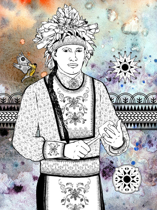 Haudenosaunee young man singer in traditional attire with a horn rattle, and goldfinch on a watercolor background with border and brooches added.
